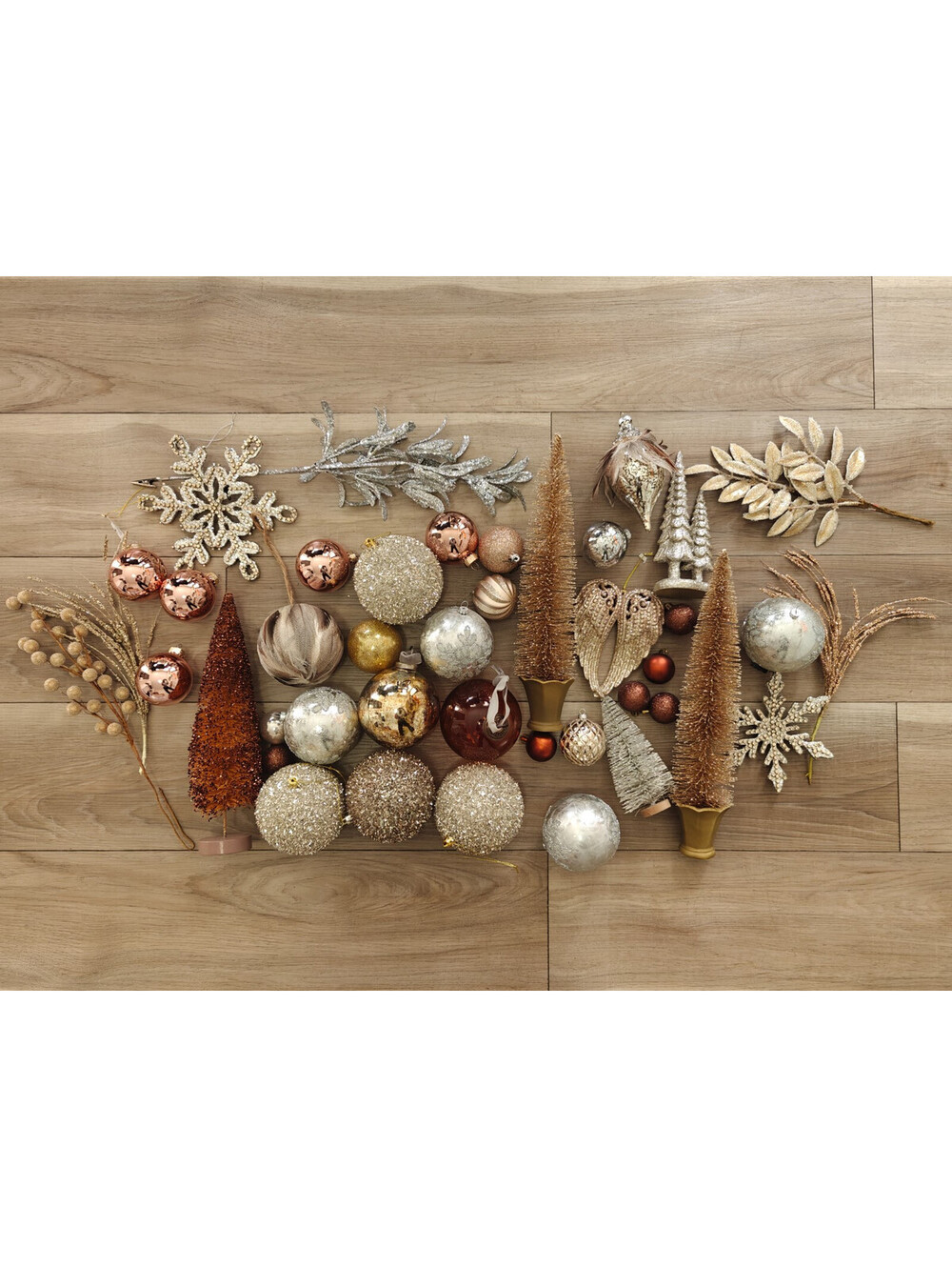 Mixed Christmas Ornament Lot Gold Silver Copper Balls Trees Picks Snowflakes